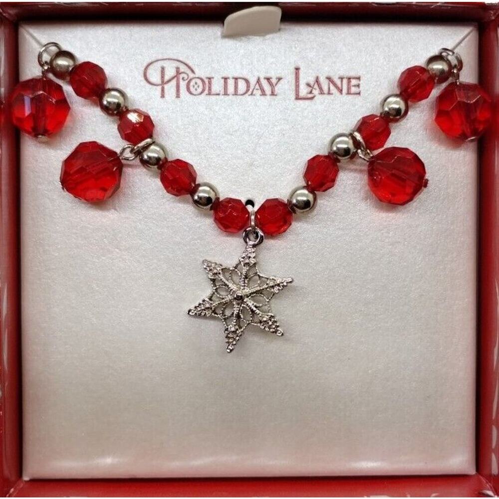 Holiday Lane Women's Necklace - Red Silver Tone Beads - Star Pendant
